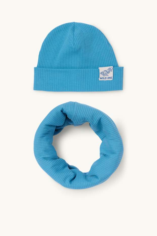 Kinder Jungen - Dino - Set - Mütze und Loop Schal - gerippt - 2 teilig - blau