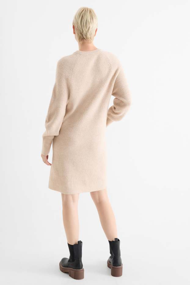Women - Knitted dress - ribbed - light beige
