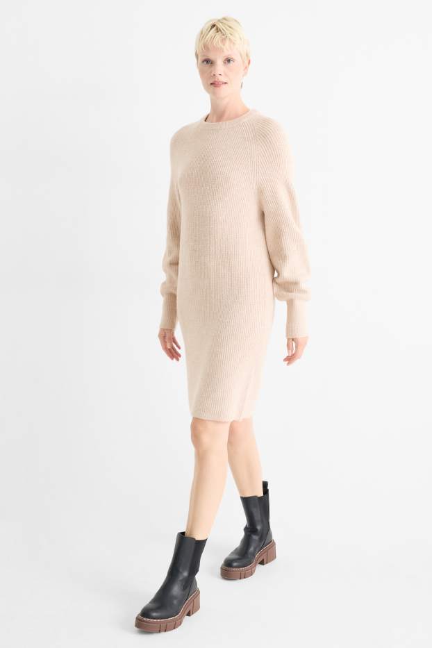Women - Knitted dress - ribbed - light beige