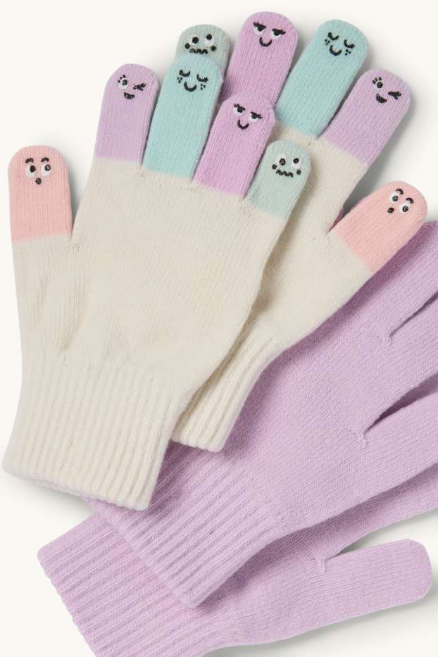 Děti - dívky - Multipack 2 ks - motivy různých obličejů - rukavice - světle fialová