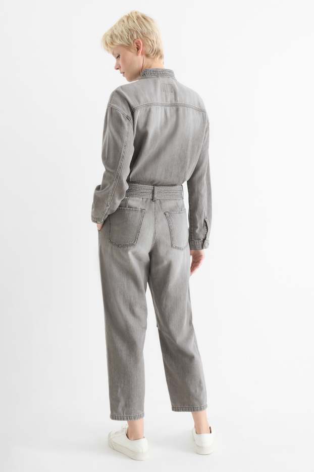 Damen - Jeans-Jumpsuit mit Gürtel - helljeansgrau