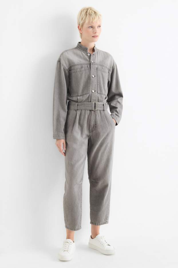 Damen - Jeans-Jumpsuit mit Gürtel - helljeansgrau