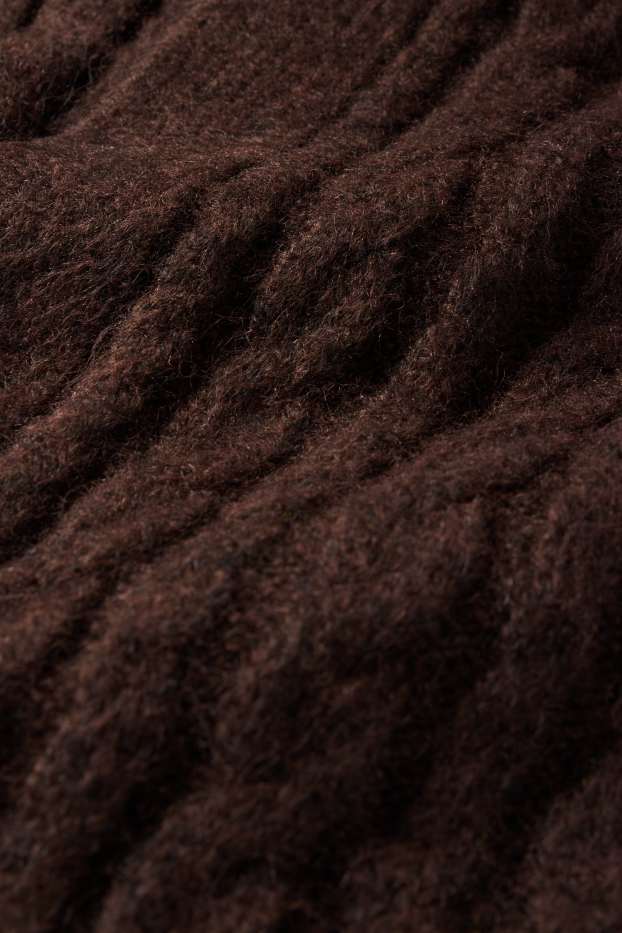 Dámské - Pletený kardigan - s copánkovým vzorem - tmavohnědá