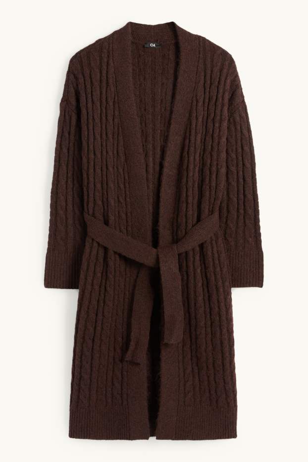 Dámské - Pletený kardigan - s copánkovým vzorem - tmavohnědá