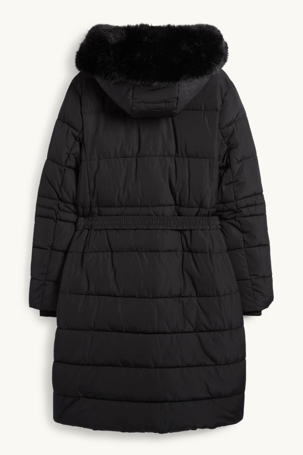 Women - Quilted coat with belt, hood and faux fur trim - black