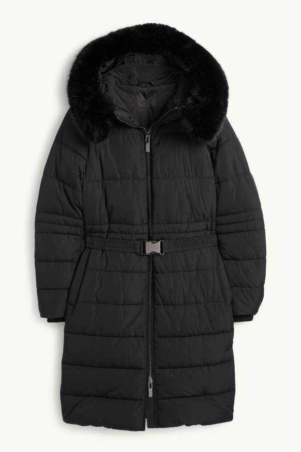 Women - Quilted coat with belt, hood and faux fur trim - black