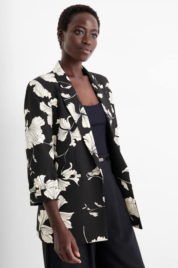 Dona - Blazer formal - relaxed fit - de flors - negre/blanc