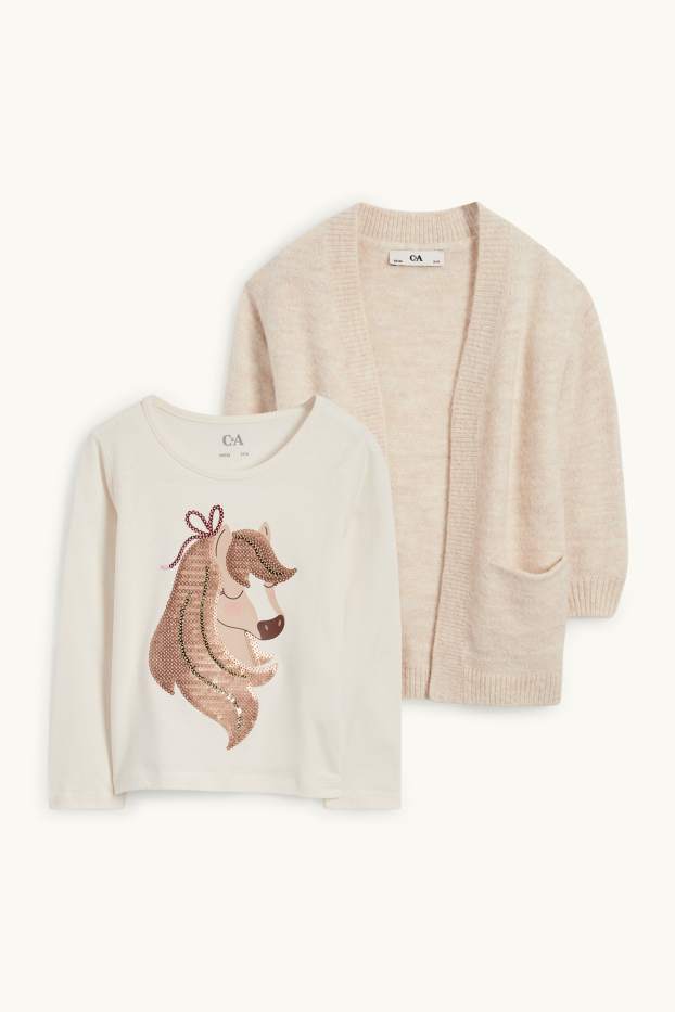 Enfants filles - Cheval - ensemble - haut à manches longues et gilet en maille - 2 pièces - beige clair