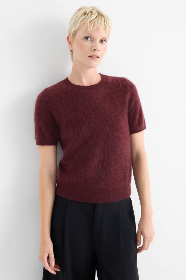 Femmes - Pull de maille en cachemire - manches courtes - bordeaux