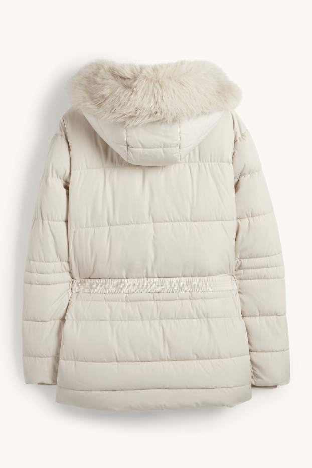 Dames - Gewatteerde jas met ceintuur, capuchon en imitatiebontrandje - licht beige