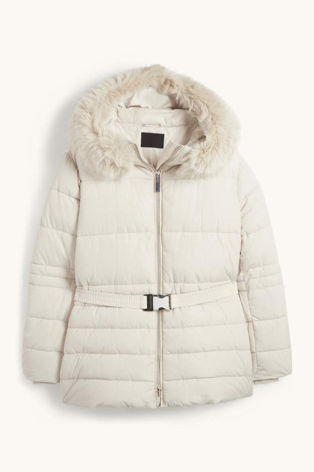 Dames - Gewatteerde jas met ceintuur, capuchon en imitatiebontrandje - licht beige