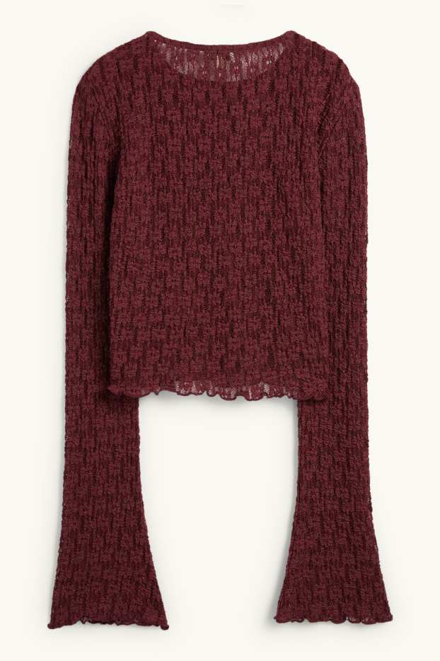 Dámské - Krátké krajkové tričko s dlouhým rukávem - slim fit - bordeaux