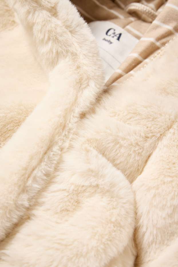 Baby: meisjes - Babysneeuwpak van imitatiebont, met capuchon - crèmekleurig