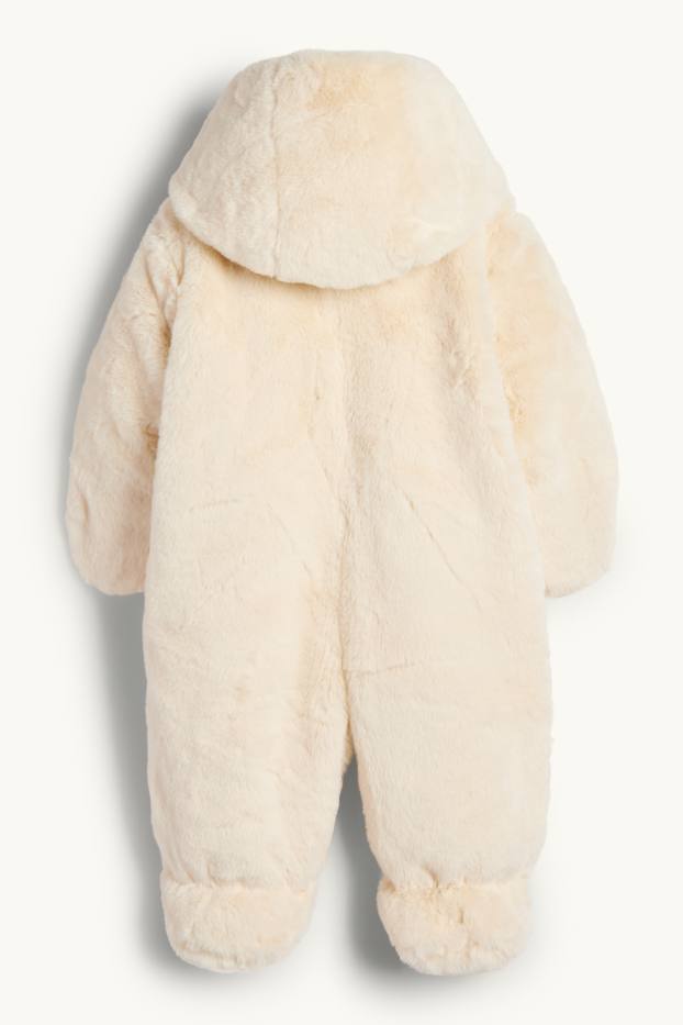 Baby: meisjes - Babysneeuwpak van imitatiebont, met capuchon - crèmekleurig