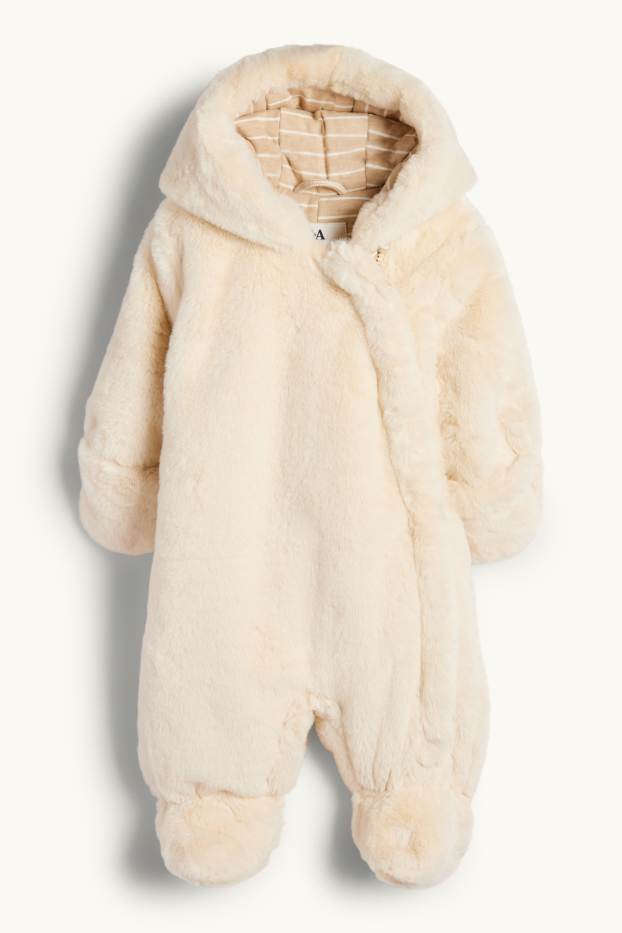 Baby: meisjes - Babysneeuwpak van imitatiebont, met capuchon - crèmekleurig