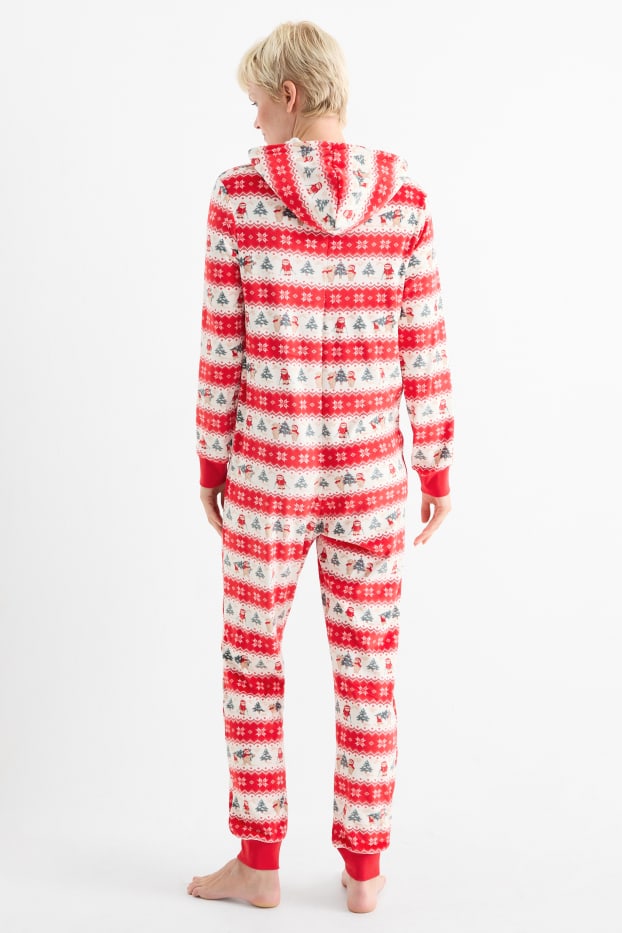 Dames - Mini-Me - dames-onesie voor de kerst, met capuchon - met patroon - wit / rood
