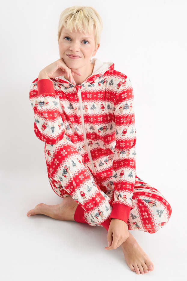 Dames - Mini-Me - dames-onesie voor de kerst, met capuchon - met patroon - wit / rood