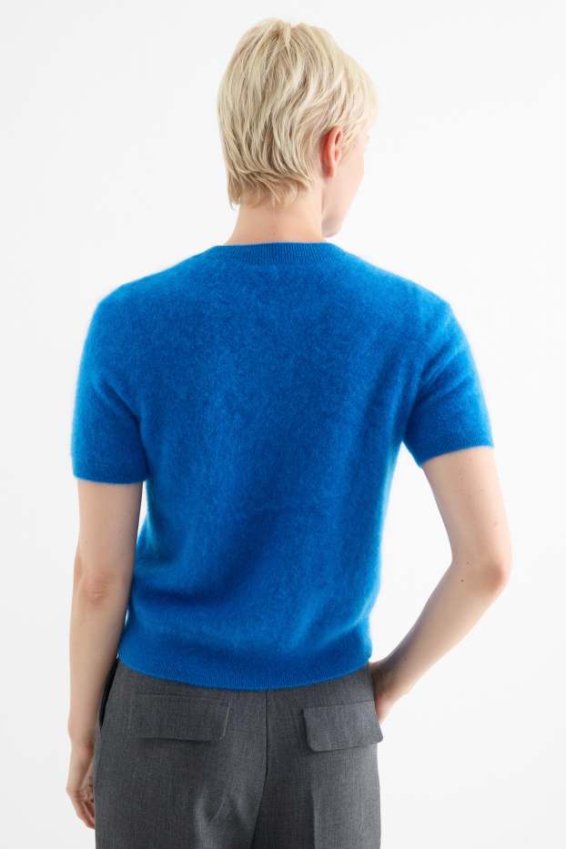 Women - Knitted cashmere jumper - short sleeve - blue