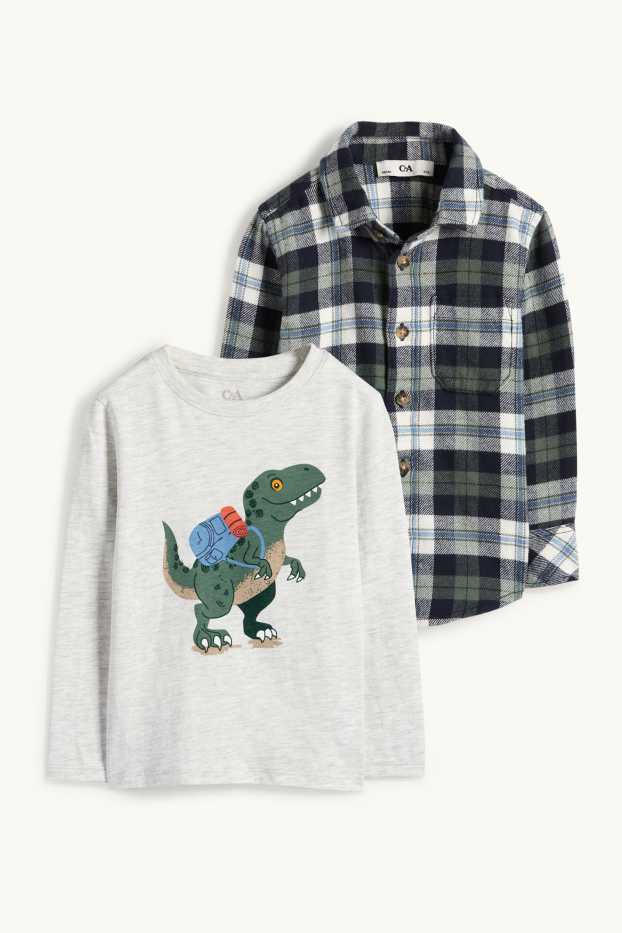 Bambini - Motivo dinosauri - set - maglia a maniche lunghe e camicia di flanella - 2 pezzi - verde