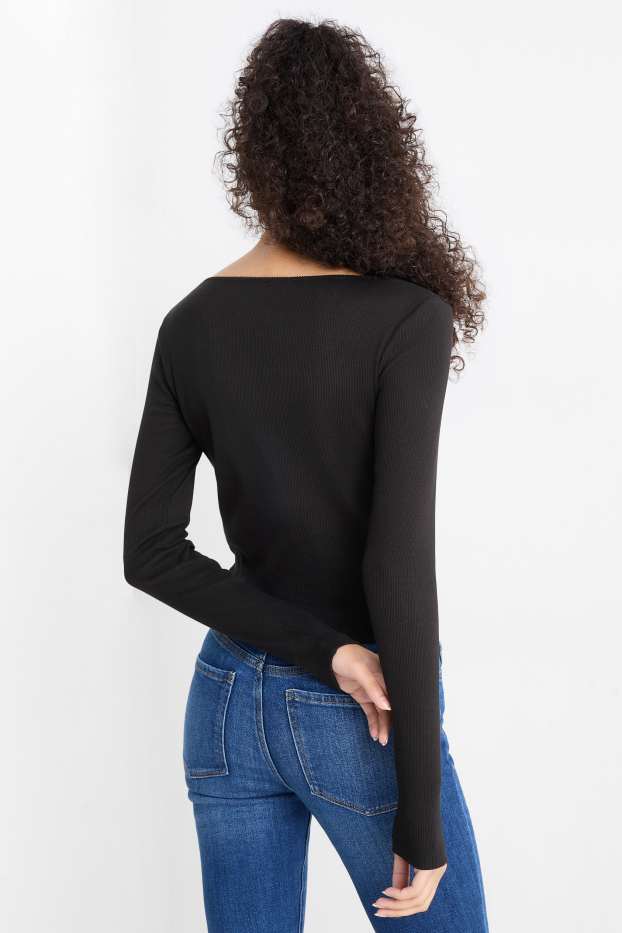 Dames - Korte longsleeve - geribd - zwart