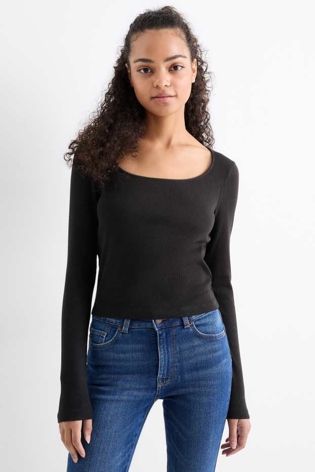 Dames - Korte longsleeve - geribd - zwart