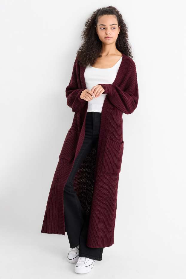 Dona - Jaqueta llarga de punt - acanalada - vermell fosc