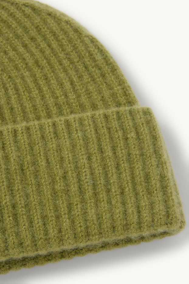 Dámské - Kašmírová čepice beanie - žebrovaná - zelená