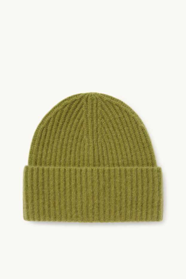 Dámské - Kašmírová čepice beanie - žebrovaná - zelená