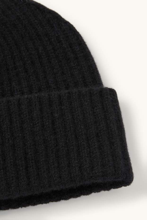Dames - Beanie van kasjmier - geribd - zwart
