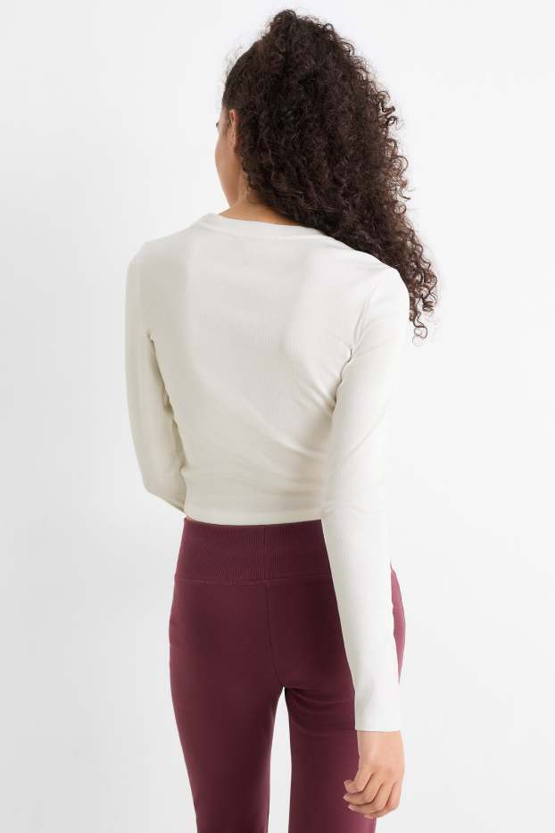 Femmes - Haut court à manches longues - finition côtelée - blanc