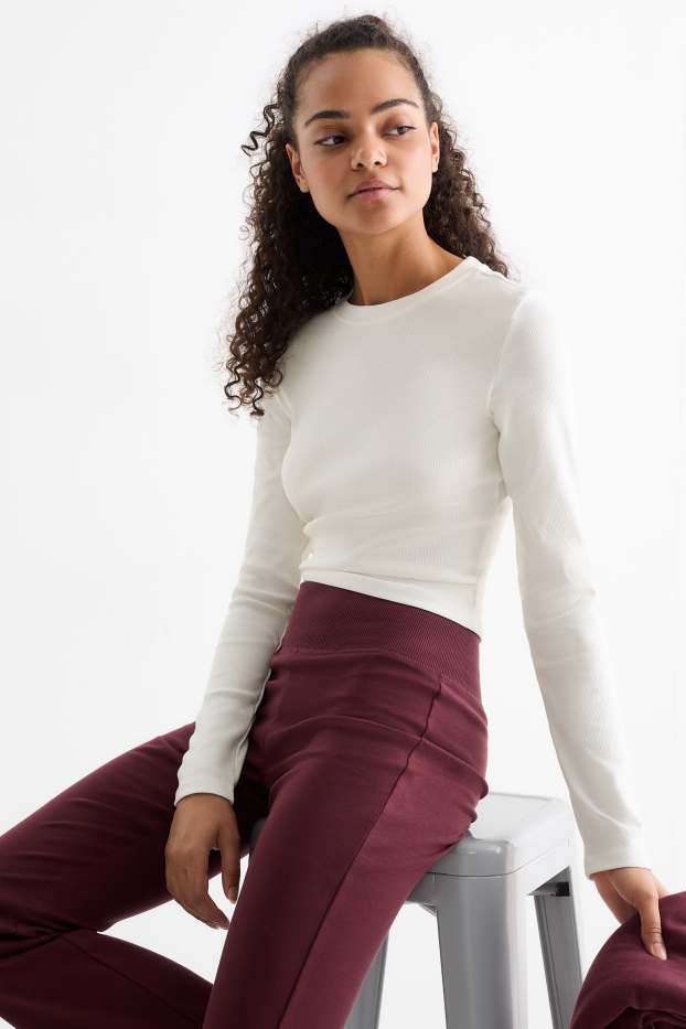 Femmes - Haut court à manches longues - finition côtelée - blanc