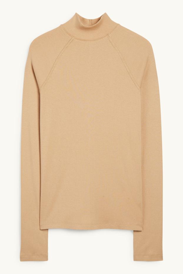 Damen - Langarmshirt - Slim Fit - gerippt - hellbeige