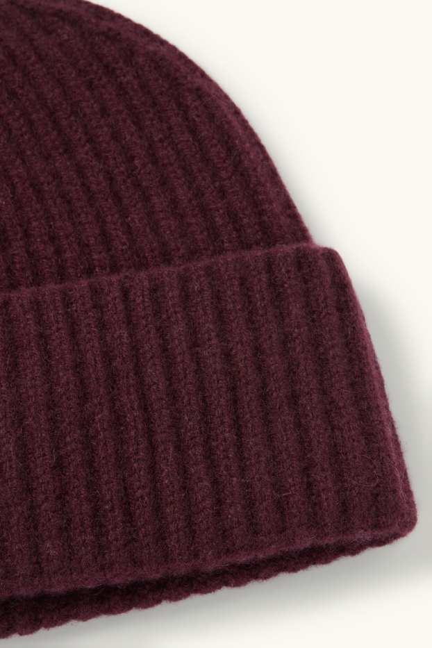 Femmes - Beanie en cachemire - finition côtelée - bordeaux