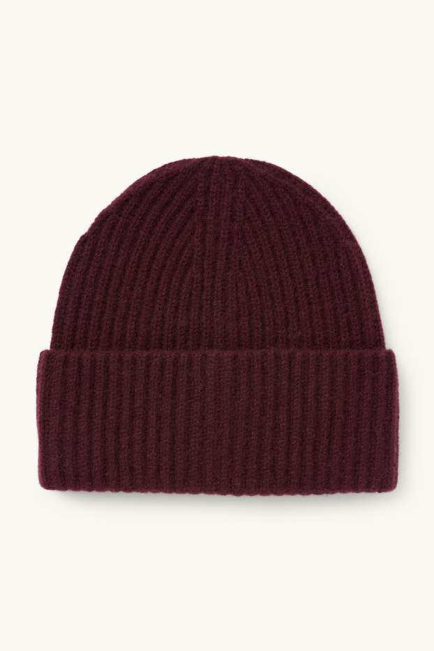 Femmes - Beanie en cachemire - finition côtelée - bordeaux