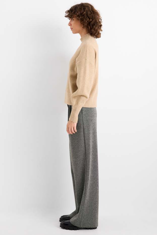 Mujer - Pantalón de jersey - high waist - wide leg - con textura - gris oscuro / blanco