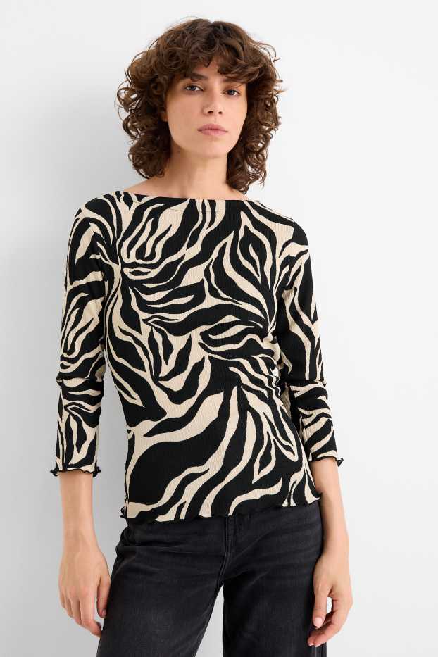 Donna - Maglia a maniche lunghe - fantasia - tessuto tramato - nero / beige