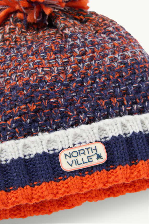 Bambini - Berretto con pompon - fantasia - tessuto tramato - arancione
