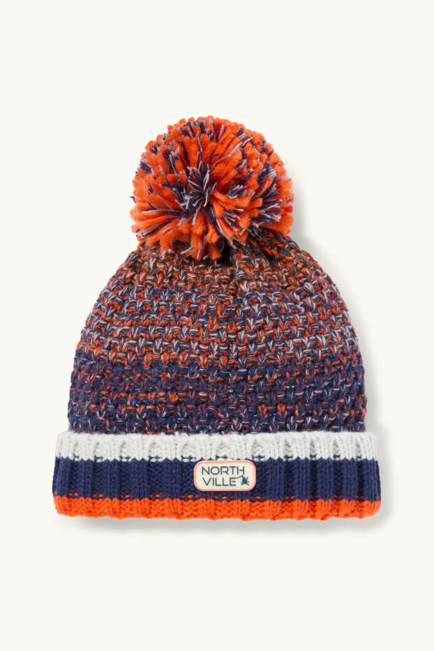 Bambini - Berretto con pompon - fantasia - tessuto tramato - arancione