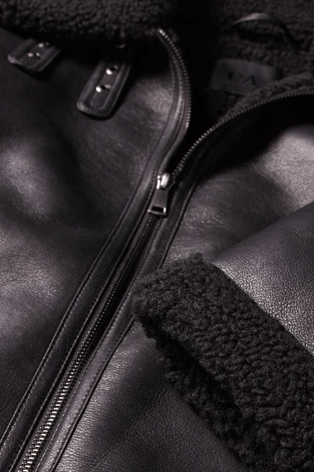 Damen - Faux Shearling Jacke - Lederimitat - schwarz