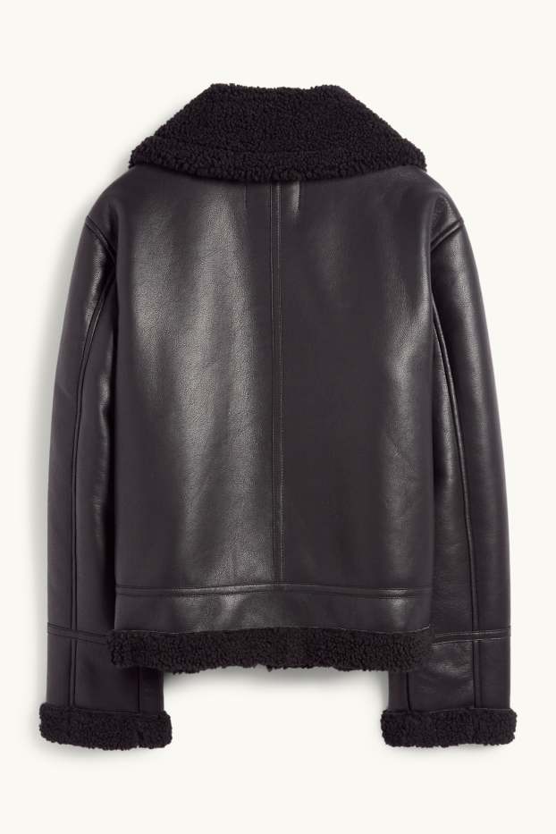 Damen - Faux Shearling Jacke - Lederimitat - schwarz