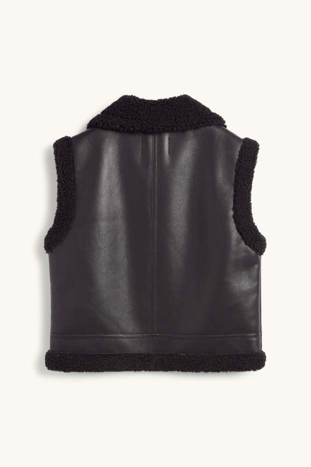 Damen - Faux Shearling Weste - Lederimitat - schwarz
