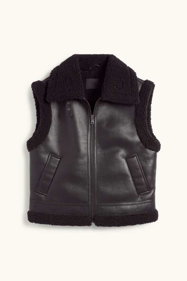 Damen - Faux Shearling Weste - Lederimitat - schwarz