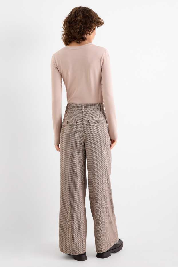 Dames - Pantalon - mid waist - wide leg - geruit - beige