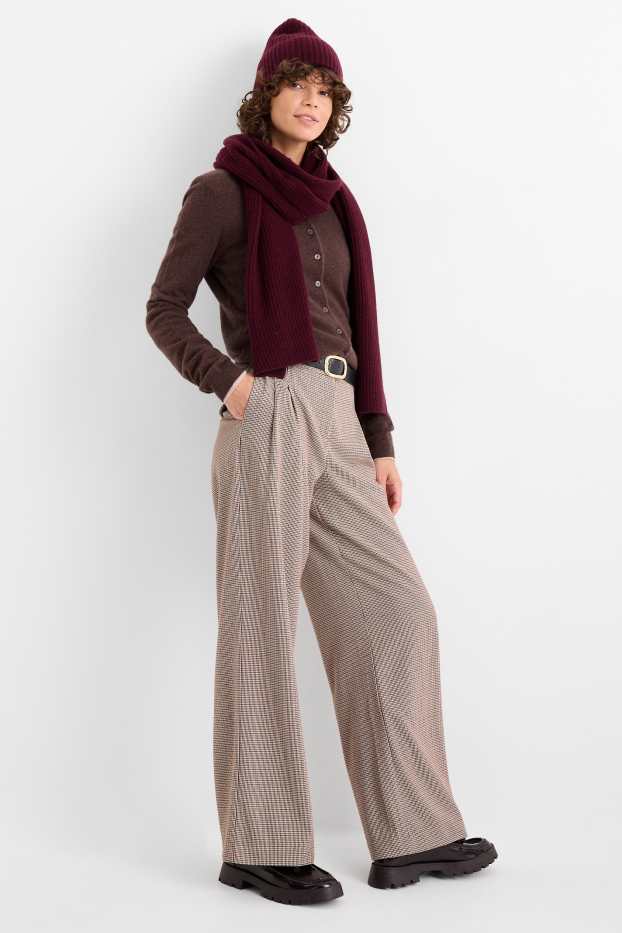 Dames - Pantalon - mid waist - wide leg - geruit - beige