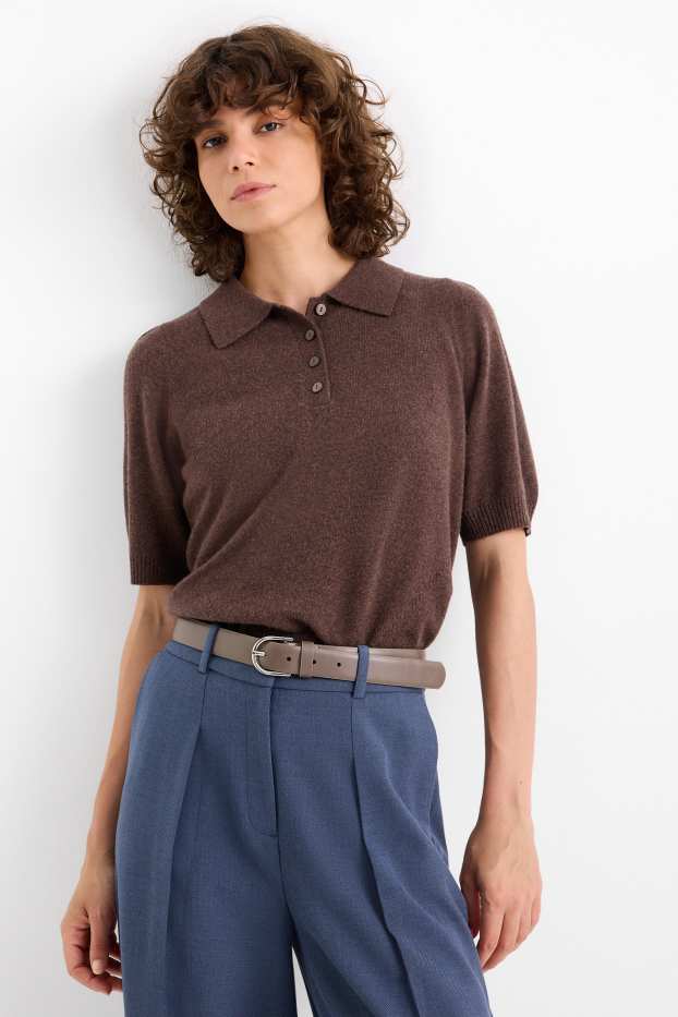 Mujer - Jersey de punto de cachemir - manga corta - marrón oscuro