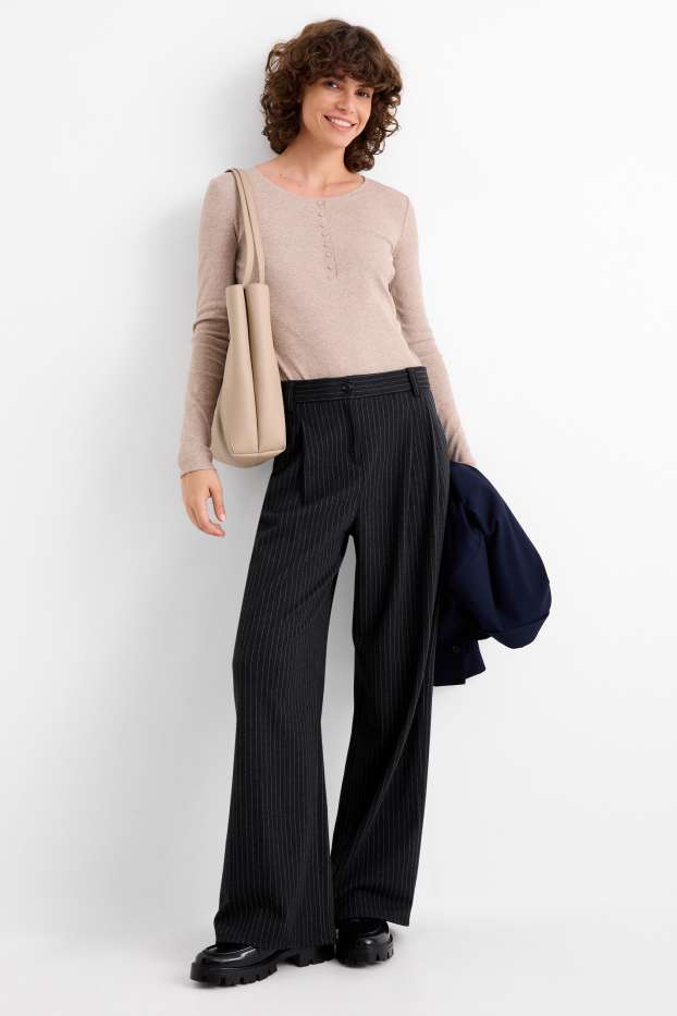 Femei - Pantaloni de stofă - talie medie - wide leg - structurați - albastru închis