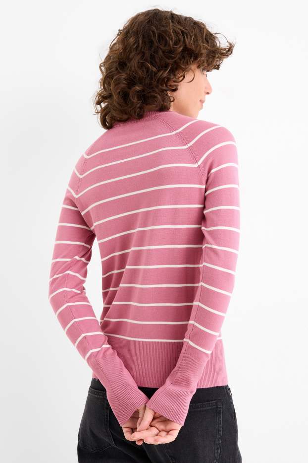 Women - Fine knit jumper - striped - pink