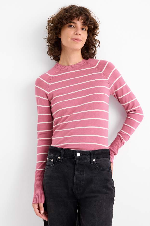 Women - Fine knit jumper - striped - pink