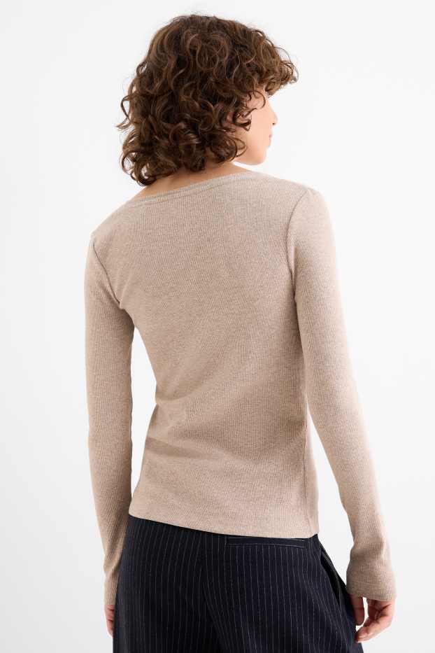 Women - Henley T-shirt - slim fit - ribbed - light brown