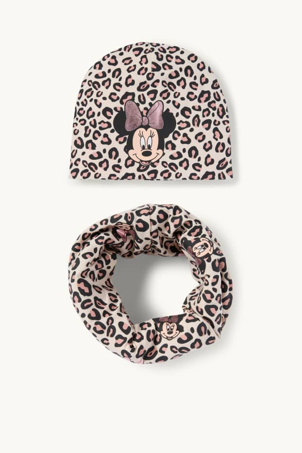 Copii - Fete - Minnie Mouse - set - fes și fular circular - imprimeu de leopard - bej